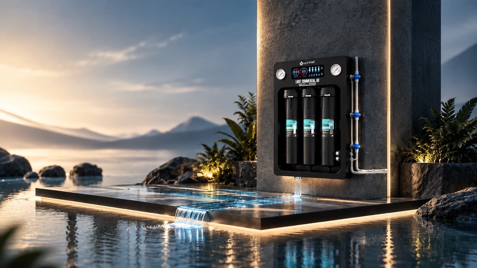 Ultima Light Commercial RO recessed into a stone wall at dusk — three 20-inch cartridges behind a black bezel, dual gauges and a digital panel lit above them, filtered water spilling onto a lit terrace over a still lake