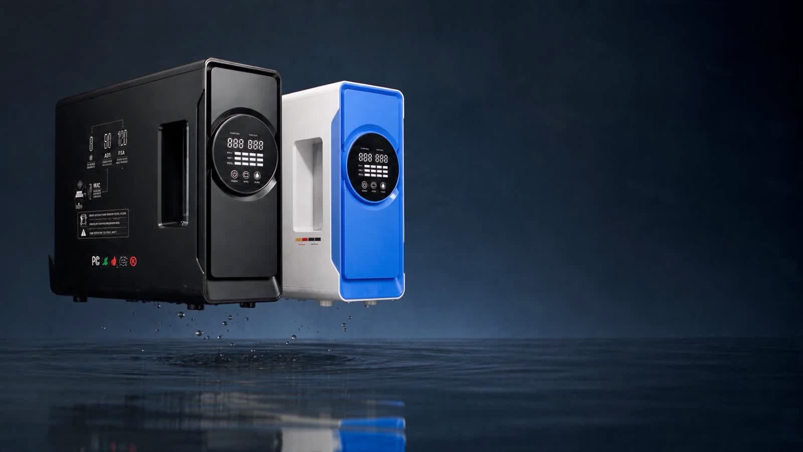 Fontessa RO X2 in both finishes, standing in water as a splash rises around them