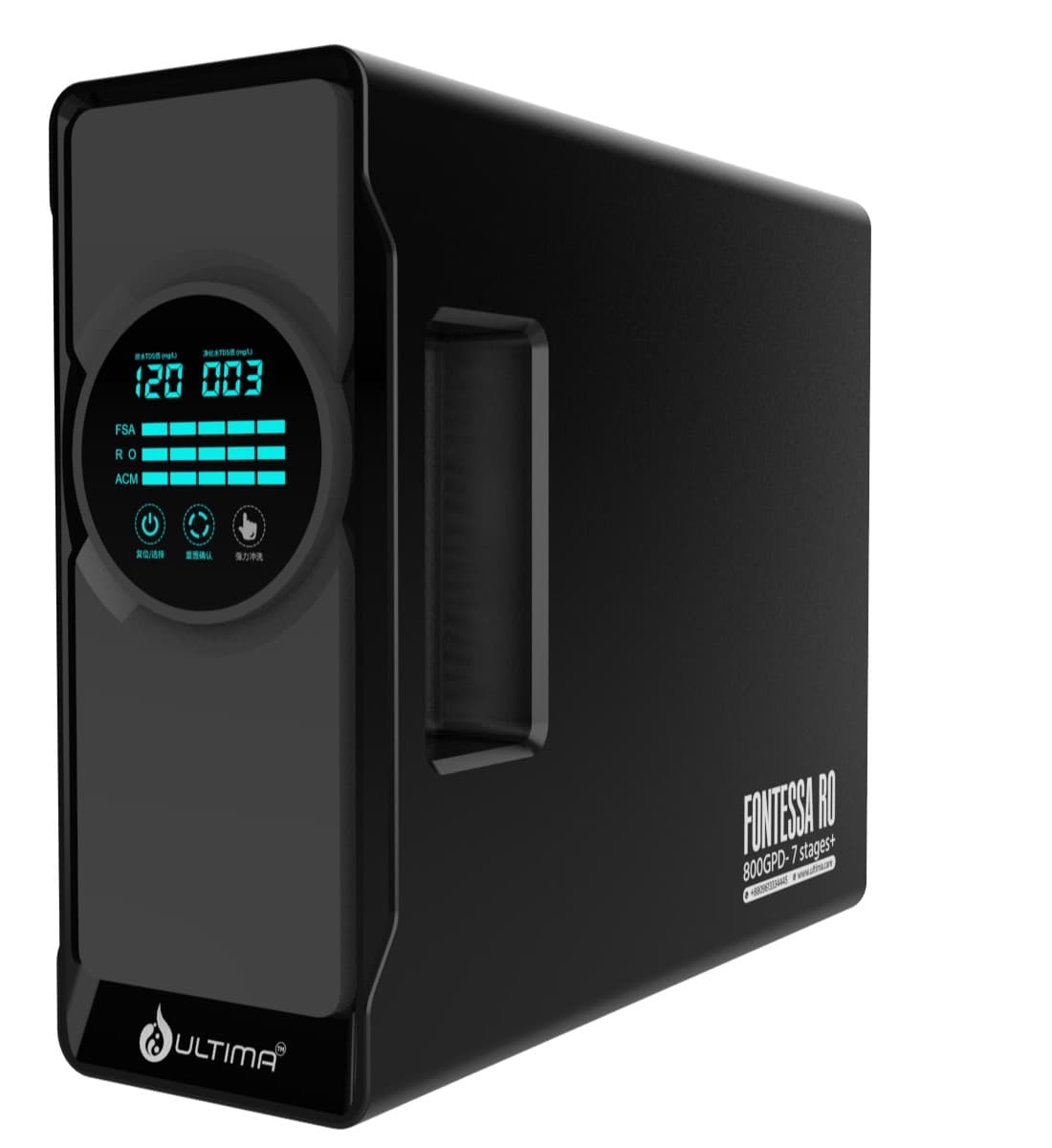 Ultima Fontessa RO, the sealed tankless cabinet โ its front panel tracking the FSA, RO and ACM stages against live dual TDS figures