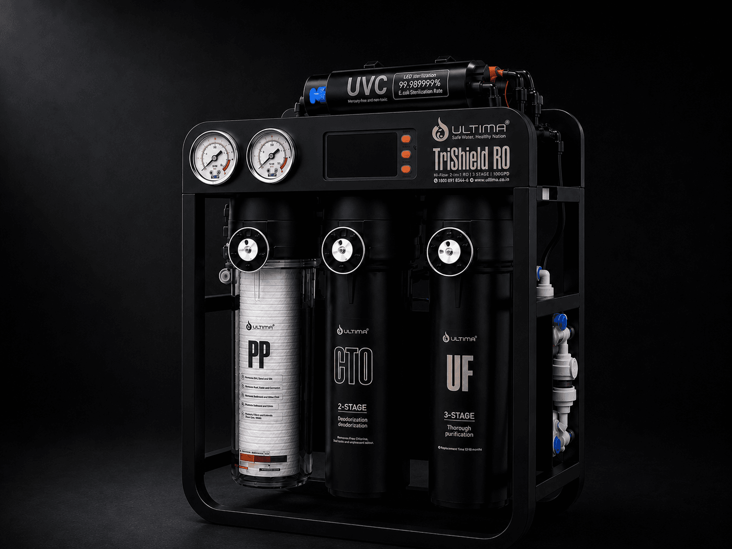 Ultima TriShield RO, three-quarter view on a dark studio ground — twin gauges, PP, CTO and UF cartridges under the UV-C stage