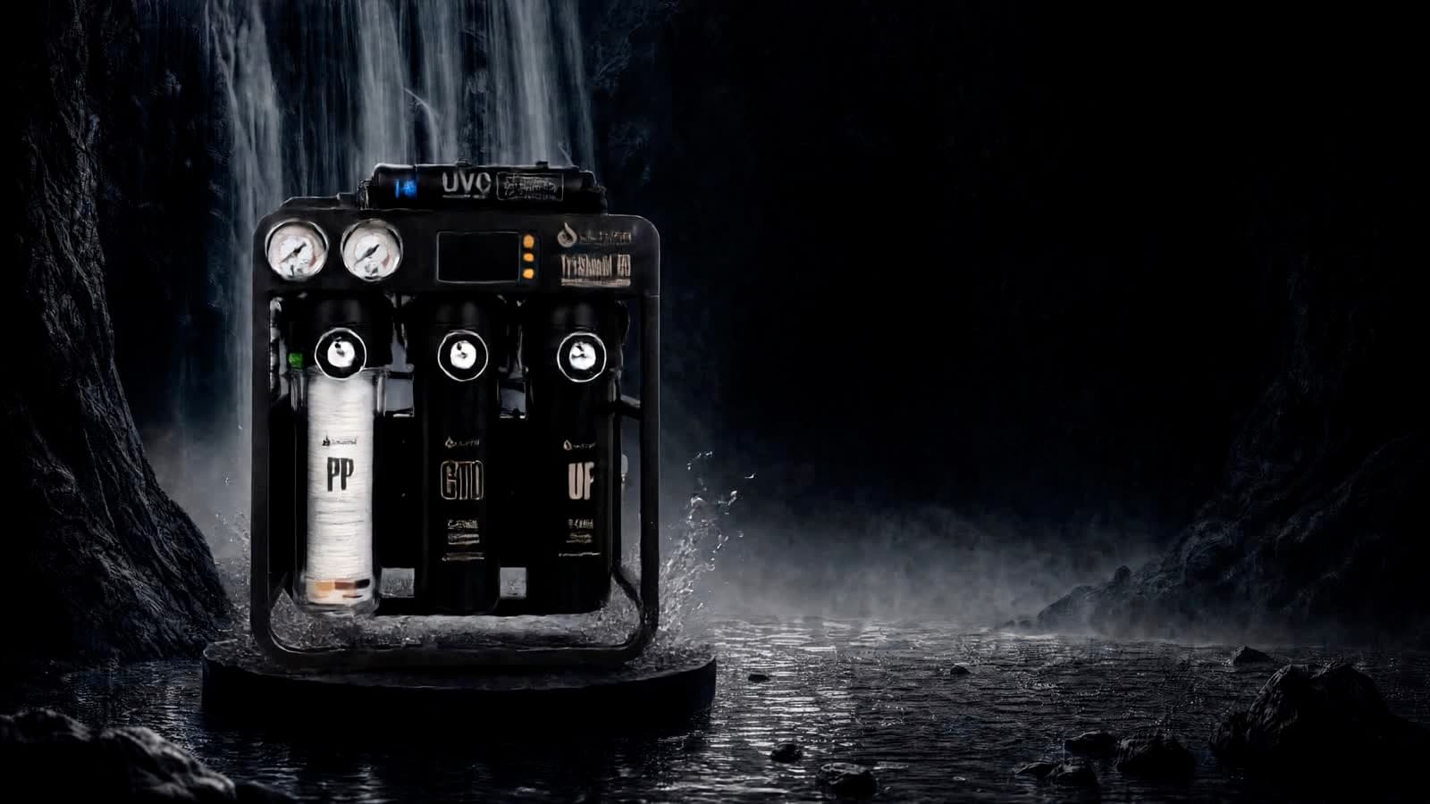 Ultima TriShield RO standing on wet rock beneath a waterfall, water breaking around the frame