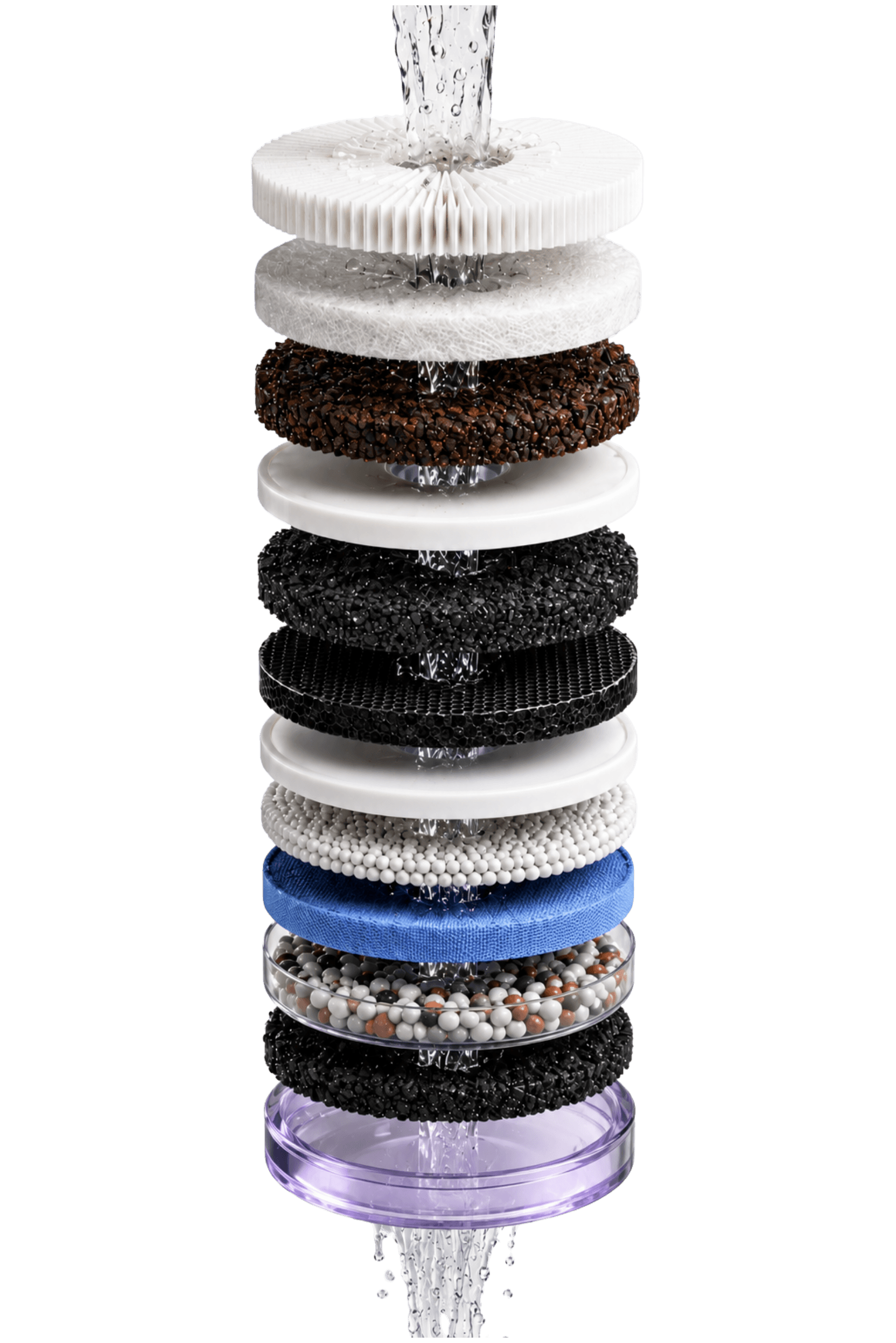 TriShield filter kit exploded disc by disc — PP, CTO, UF, RO, T33, MAB and UV-C — with water falling through the stack