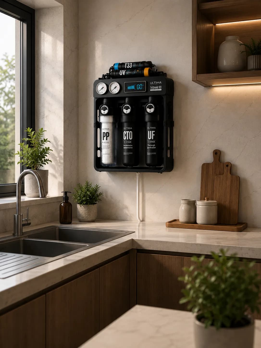Ultima TriShield RO wall-mounted in a home kitchen beside the sink