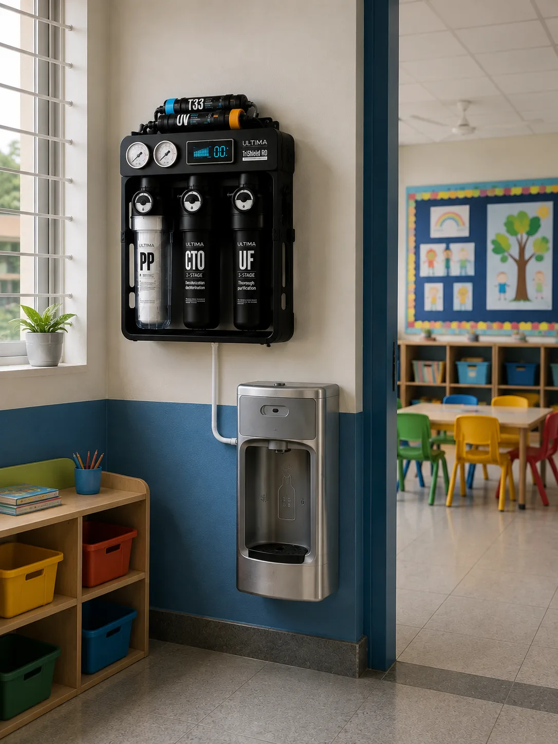 Ultima TriShield RO wall-mounted beside a stainless steel dispenser at a classroom doorway