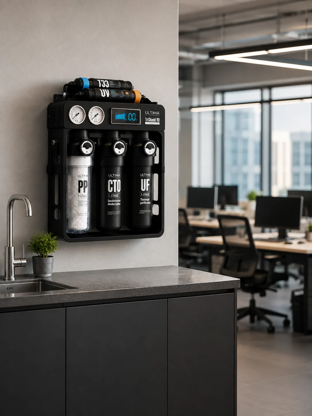 Ultima TriShield RO wall-mounted above an office pantry sink, open-plan desks in the background