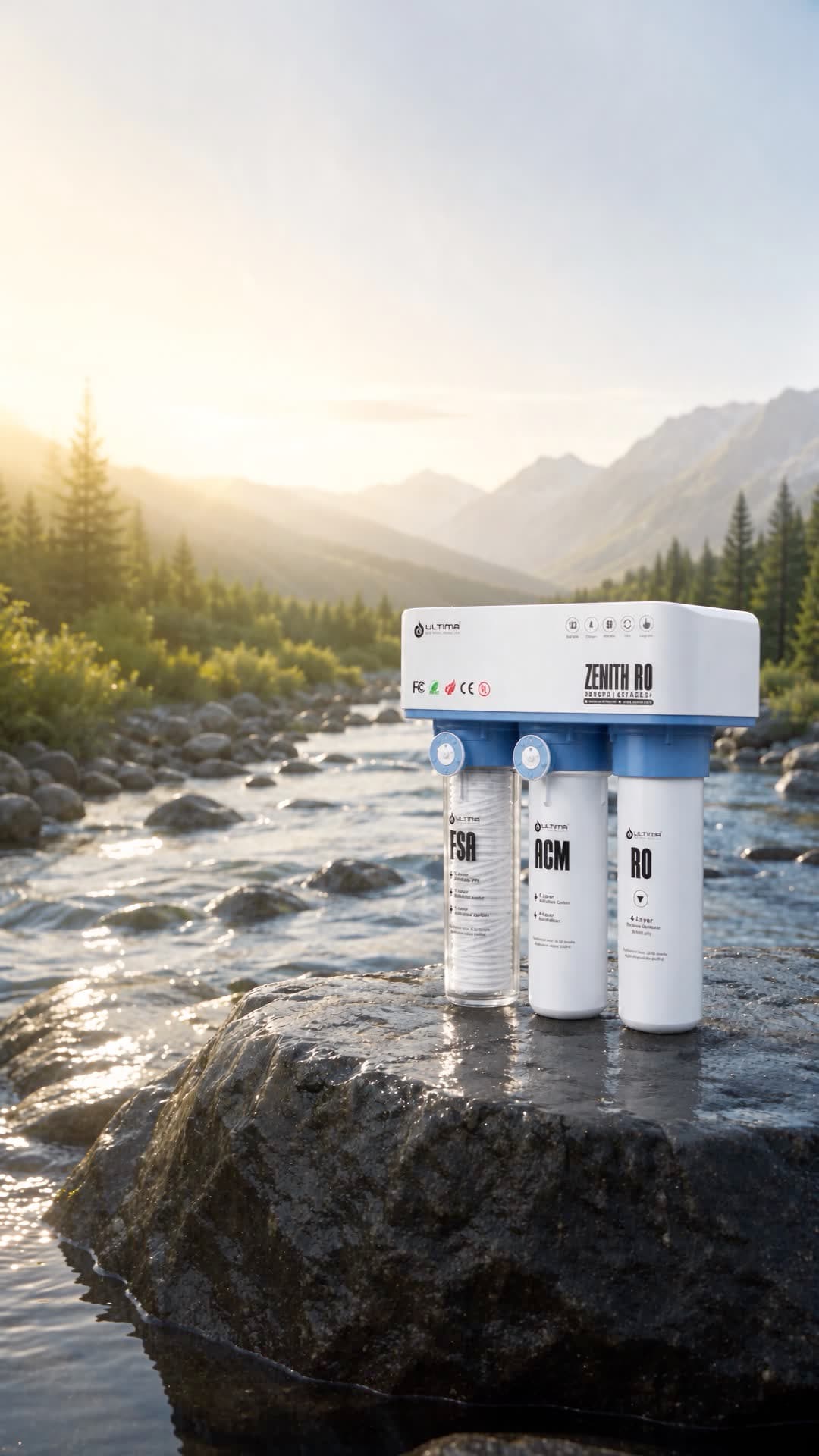 Ultima Zenith RO standing on a wet riverside rock, mountains and forest behind it at sunrise
