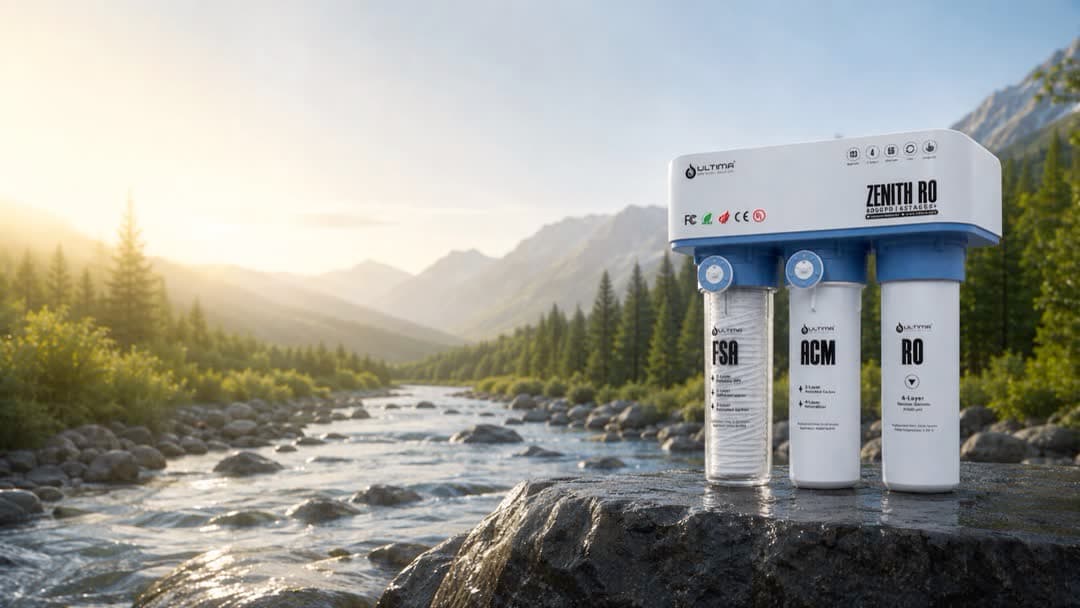 Ultima Zenith RO standing on a wet riverside rock, mountains and forest behind it at sunrise