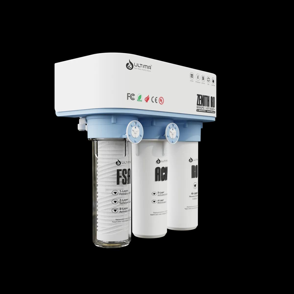 Ultima Zenith RO's three tool-free housings โ FSA, ACM and RO cartridges hanging from the white head unit