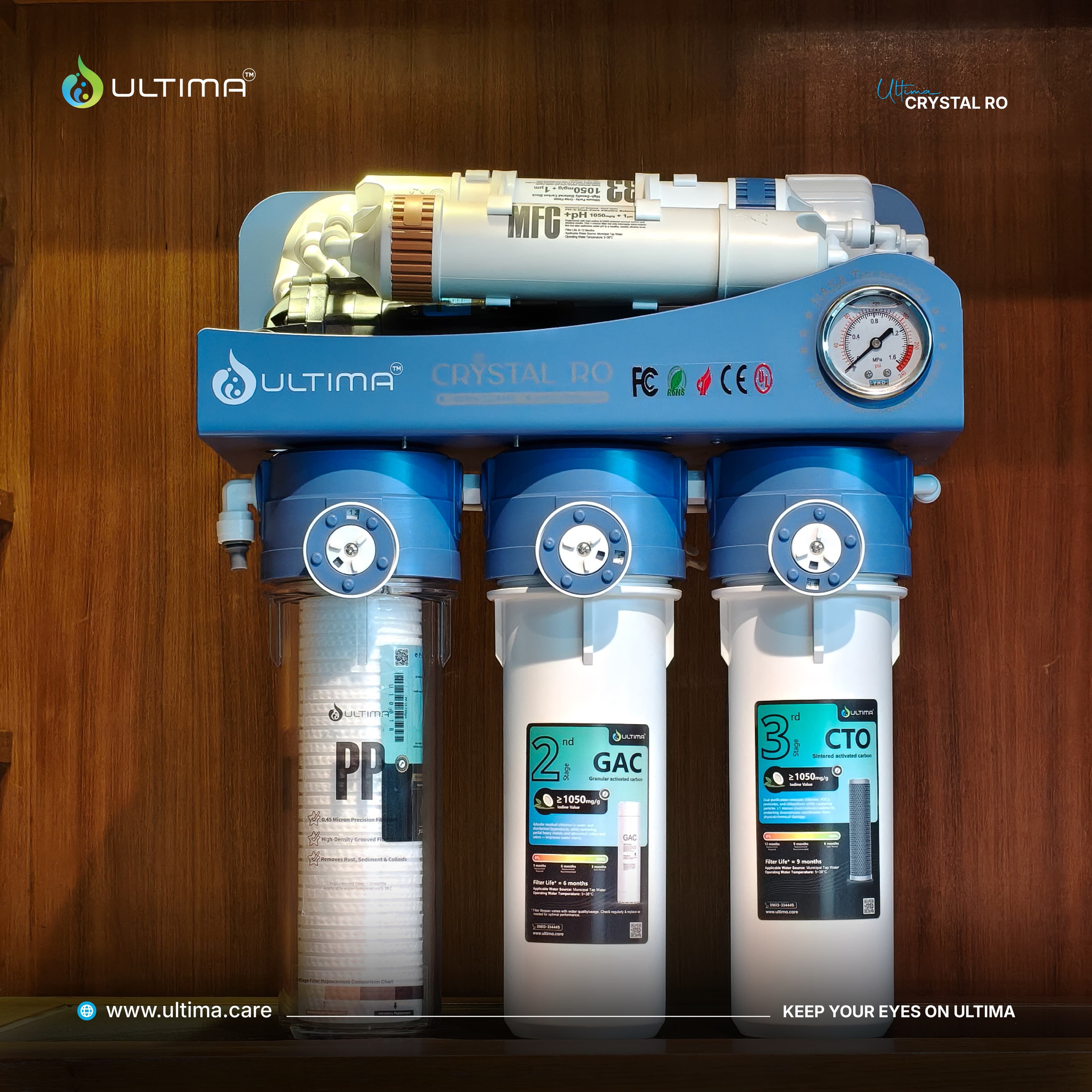 ULTIMA Crystal Gen 2 F6 100 GPD mineral-balanced RO water purifier with airtight storage tank